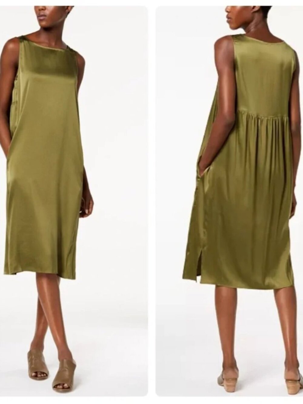 NWT - Eileen Fisher Silk Bateau-Neck Tank Dress in Olive Green, Size Large